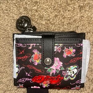 Ed Hardy Black Wallet with Red and Pink Accents